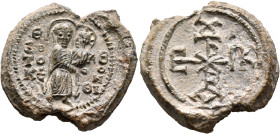 Uncertain, 7th century. Seal (Lead, 27 mm, 13.88 g, 1 h). Θ/ЄO/TO/KЄ - B/O/H/ΘI The Mother of God, nimbate, holding Christ seated on her left arm. Rev...