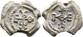 Eleutherios, late 7th-early 8th centuries. Seal (Lead, 24 mm, 9.58 g). Cruciform monogram of ΘЄOTOKЄ BOHΘЄI. Rev. Cruciform monogram of EΛEVΘEPIⲰ. Cf....