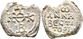 Johannes, vestitor, 8th century. Seal (Lead, 25 mm, 10.72 g, 12 h). Cruciform monogram ΘЄOTOKЄ BOHΘЄI. Rev. +IⲰ/ANNH BECTI/TOPI in four lines. Cf. Zac...
