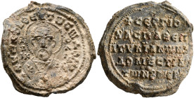 Sergios, imperial protospatharios, epi ton oikeiakon and domestikos of the Noumeroi, 10th century. Seal (Lead, 28 mm, 11.96 g, 12 h). +KЄ ROHΘЄI TⲰ CⲰ...