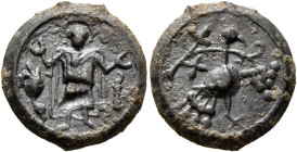 Anonymous, circa 10th century. Amulet (Lead, 18 mm, 3.91 g, 12 h). Nimbate figure standing facing, both hands raised; on the left, bird and on the rig...