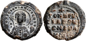 Konstantinos, bishop of Chrysiagros, later 10th-1st half 11th century. Seal (Lead, 24 mm, 14.36 g, 12 h). APXICTPATIΓЄ CⲰZЄ – A/X – M/I ('Supreme gene...