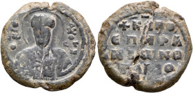 Epiphanios, notarios, circa 1000-1050. Seal (Lead, 24 mm, 8.74 g, 12 h). Θ / IⲰ / O - XP O/CT/M Nimbate facing bust of Saint John Chrysostomos, raisin...
