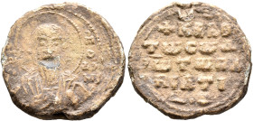 Johannes Pabiates, 1st half 11th century. Seal (Lead, 24 mm, 10.57 g, 12 h). Θ / [I]Ⲱ / [O] - ΠΡ /O/ΔP,/M, Half length bust of John Prodromos ('the Ba...