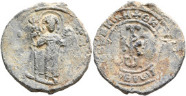 Tornikes, 11th century. Seal (Lead, 27 mm, 10.49 g, 12 h). [M/I] - A/X St. Michael, nimbate, standing facing, wearing loros and holding trefoil scepte...
