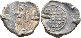 Theodoros Tzoros (?), imperial (?) spatharios and hypatos, 11th century. Seal (Lead, 30 mm, 23.80 g, 12 h). Saint Theodore, nimbate, standing facing, ...