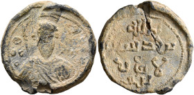 Uncertain patrikios, 11th century. Seal (Lead, 24 mm, 6.90 g, 12 h). Θ / ΘЄ/O-... Nimbate facing bust of Saint Theodore, holding a spear over his righ...
