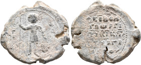 Georgios, patrikios and strategos and servant of Saint Elias (?), 11th century. Seal (Lead, 32 mm, 15.51 g, 12 h). Θ / Γ/Є-... Saint George, standing ...