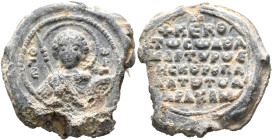 Martyros Abracham, kouropalates, 11th century. Seal (Lead, 25 mm, 14.89 g, 12 h). Θ Γ/Є-Ⲱ/P/Γ, Nimbate facing bust of Saint George, holding a spear ov...