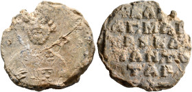 Klinagos, magistros and katepano of Taron (?), 11th century. Seal (Lead, 27 mm, 15.85 g, 12 h). Nimbate facing bust of Saint Nicholas, raising his rig...