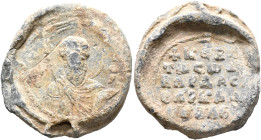 Bardas, spatharokandidatos and ..., 11th century. Seal (Lead, 27 mm, 12.86 g, 12 h). Θ / ΘЄ/O-Δ/Ⲱ/P, Nimbate facing bust of Saint Theodore, holding a ...