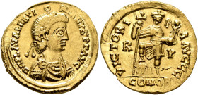 VISIGOTHS, Gaul. Uncertain king, circa 439-455. Solidus (Gold, 21 mm, 4.41 g, 6 h), imitating Valentinian III (425-455), uncertain mint in Gaul. D N P...