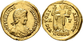VISIGOTHS, Gaul. Uncertain king, circa 439-455. Solidus (Gold, 22 mm, 4.36 g, 6 h), imitating Valentinian III (425-455), uncertain mint in Gaul. D N P...