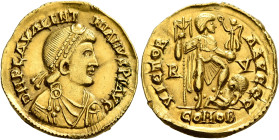 UNCERTAIN GERMANIC TRIBES, Pseudo-Imperial coinage. Circa 425-430. Solidus (Gold, 21 mm, 4.35 g, 11 h), imitating Valentinian III (425-455), uncertain...