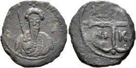 CRUSADERS. Antioch. Tancred, regent, 1101-1112. Follis (Bronze, 21 mm, 3.05 g, 6 h). [KΕ ΒΟ TANKPI] Cuirassed bust of Tancred facing, wearing turban w...