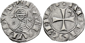 CRUSADERS. Antioch. Bohémond III, 1163-1201. Denier (Silver, 18 mm, 0.95 g, 7 h). ✠ BOAMVNDVS Helmeted head of a knight to left flanked by crescent an...