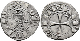 CRUSADERS. Antioch. Bohémond III, 1163-1201. Denier (Silver, 17 mm, 1.00 g, 5 h). ✠ BOAMVNDVS Helmeted head of a knight to left flanked by crescent an...