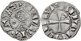 CRUSADERS. Antioch. Raymond-Roupen, 1216-1219. Denier (Silver, 19 mm, 0.88 g, 2 h). ✠ R:V:P:I:NV:S: Helmeted head of a knight to left flanked by cresc...