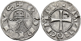 CRUSADERS. Antioch. Raymond-Roupen, 1216-1219. Denier (Silver, 17 mm, 0.88 g, 10 h). ✠ ROPINVS Helmeted head of a knight to left flanked by crescent a...