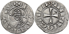 CRUSADERS. Antioch. Raymond-Roupen, 1216-1219. Denier (Silver, 18 mm, 0.94 g, 3 h). ✠ R•V•P•I:N•V:S Helmeted head of a knight to left flanked by cresc...