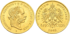 AUSTRIA. Kaisertum Österreich-Ungarn. Franz Josef I, 1867-1916. 10 Franken = 4 Gulden (Gold, 19 mm, 3.22 g, 12 h), Wien (Vienna), dated 1892, but a la...
