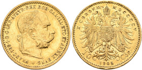 AUSTRIA. Kaisertum Österreich-Ungarn. Franz Josef I. 10 Kronen – 10 Corona 1905 (Gold, 19 mm, 3.38 g, 12 h), Wien (Vienna). FRANC•IOS•I•D•G•IMP•AVSTR•...