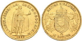 AUSTRIA. Kaisertum Österreich-Ungarn. Franz Josef I, 1867-1916. 10 Korona 1908 KB (Gold, 19 mm, 3.38 g, 12 h), Kremnitz (Kremnica). FERENCZ JÓZSEF I•K...