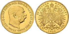 AUSTRIA. Kaisertum Österreich-Ungarn. Franz Josef I. 20 Kronen – 20 Corona (Gold, 21 mm, 6.78 g, 12 h), Wien (Vienna), dated 1915, but a later restrik...