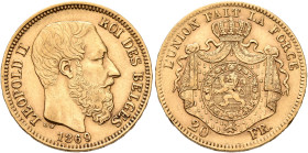 BELGIUM. Léopold II, 1865-1909. 20 Francs 1869 (Gold, 21 mm, 6.45 g, 6 h), Bruxelles (Brussels). LEOPOLD II - ROI DES BELGES Bare head of Leopold II t...