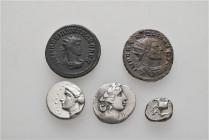 A lot containing 5 silver and bronze coins. Including: Greek and Roman Imperial. About very fine to good very fine. LOT SOLD AS IS, NO RETURNS. 5 coin...