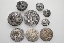 A lot containing 9 silver and bronze coins. Including: Greek, Oriental Greek and Central Asian. Fine to very fine. LOT SOLD AS IS, NO RETURNS. 9 coins...