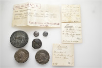 A lot containing 6 silver and bronze coins, with old dealer's tickets. Including: Greek, Roman Provincial and Roman Imperial. About very fine to very ...