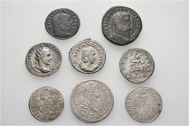 A lot containing 8 silver and bronze coins. Including: Roman Imperial and World. About very fine to extremely fine. LOT SOLD AS IS, NO RETURNS. 8 coin...