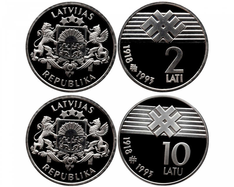 LATVIA 
Latvia lot of 2 coins 2 lati and 10 latu Silver Proof 
2 lati 1993 KM ...