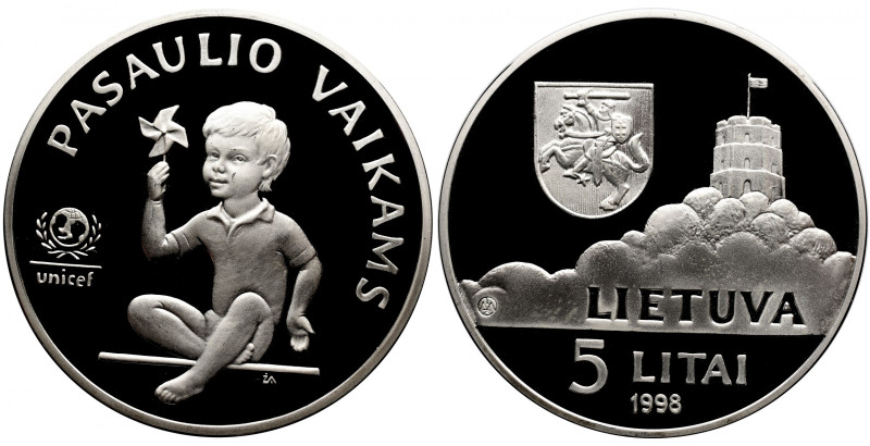 LITHUANIA 
Lithuania 5 litai Silver Proof UNC 
5 litai 1998 KM 127