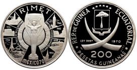 EQUATORIAL GUINEA 
Equatorial Guinea 200 Pesetas Guineanas Silver Proof 
200 Pesetas Guineanas 1970 KM 18.1