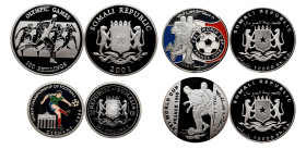 SOMALIA 
Somalia lot of 4 coins: 2 of 100 and 2 of 10000 Shillings Silver Proof 
100 Shillings 2001 KM 109 
100 Shillings 2001 
10000 Shillings 19...