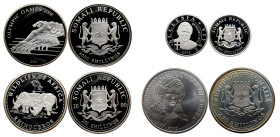 SOMALIA 
Somalia lot of 5 coins: 1 of 100, 1 of 250, 1 of 2000 , 1 of 4000 Shillings Silver Proof and 1 of 250 Shillings Silver
100 Shillings 2007 ...