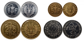 WESTERN AFRICAN STATES 
Western African States lot of 4 coins Essai 
1 Franc 1961 KM3 1 E3 aluminium
5 Francs 1960 KM 2 E2 bronze-aluminium
25 Fra...