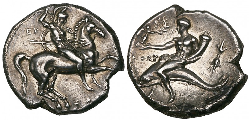 Italy, Calabria, Tarentum, didrachm, c. 280-272 BC, rider on horseback right, la...