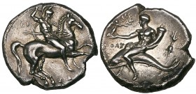 Italy, Calabria, Tarentum, didrachm, c. 280-272 BC, rider on horseback right, lancing downwards, rev., Taras on dolphin left holding wreath-bearing Ni...