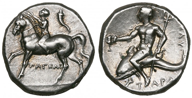 Italy, Calabria, Tarentum, didrachm, c. 272-240 BC, youth on horseback left; cor...