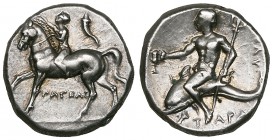 Italy, Calabria, Tarentum, didrachm, c. 272-240 BC, youth on horseback left; cornucopia in right field, rev., Taras on dolphin left holding kantharos ...