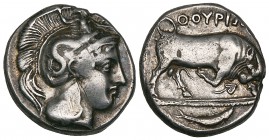 Italy, Lucania, Thurium, stater, c. 400-350 BC, helmeted head of Athena right, rev., bull butting right; ivy-leaf below; in ex., tunny fish, 7.88g, di...