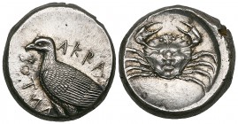 Sicily, Akragas, tetradrachm, c. 470-440s BC, ΑΚΡΑC-ΑΝΤΟΣ, eagle standing left, rev., crab with shell taking the form of a human face, 17.33g, die axi...