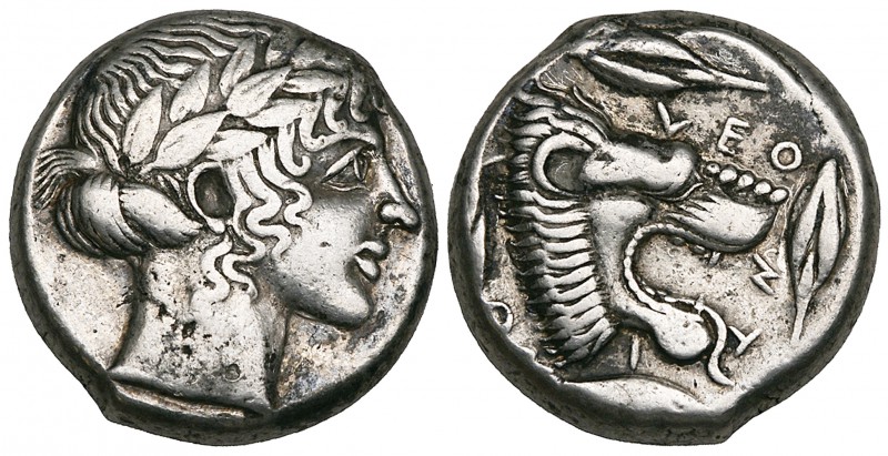 Sicily, Leontini, tetradrachm, c. 450-440 BC, laureate head of Apollo right, rev...