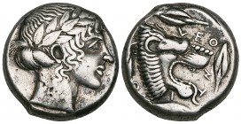 Sicily, Leontini, tetradrachm, c. 450-440 BC, laureate head of Apollo right, rev., lion’s head right surrounded by four barley corns, 17.13g, die axis...