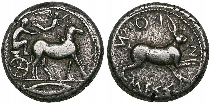 Sicily, Messana, tetradrachm, c. 460-426 BC, biga of mules driven right; Nike ab...
