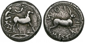 Sicily, Messana, tetradrachm, c. 460-426 BC, biga of mules driven right; Nike above and laurel leaf below, rev., ΜΕΣΣΑ-Ν-ΙΟΝ, hare springing right, 17...
