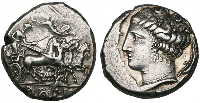 Sicily, Panormos, tetradrachm, c. 360-340 BC, quadriga driven right with Nike ab...